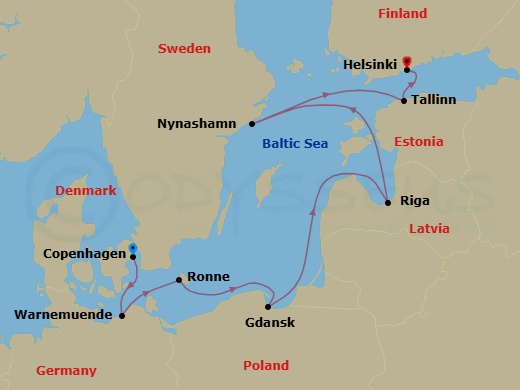 7 Night - Europe - Baltic - Norwegian Jewel - Starting in Copenhagen, Denmark, Warnemunde / Berlin, Germany, Ronne / Bornholm, Denmark, Gdynia / Gdansk, Poland, Riga, Latvia, Nynashamn / Stockholm, Sweden, Tallinn, Estonia, Helsinki, Finland itinerary map