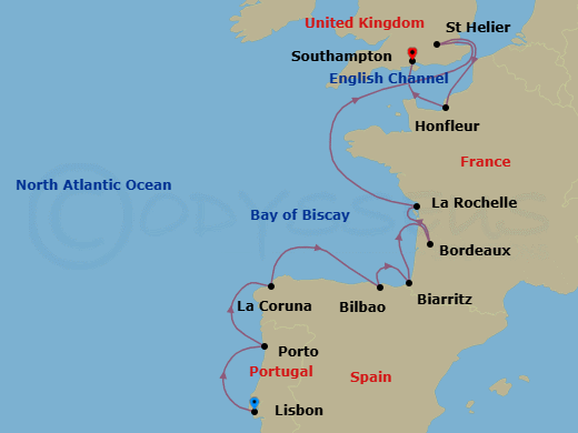 11 Night - Cloisters & Chateaux - Oceania Vista - Starting in Lisbon, Oporto, La Coruna, Bilbao, Biarritz (Saint-Jean-De-Luz), Bordeaux, La Rochelle, France, St Helier, Jersey, Paris (Honfleur), London (Southampton) itinerary map