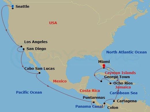 24 Night - Msc Grand Voyages - MSC Poesia - Starting in Seattle, Washington, Los Angeles, San Diego, Cabo San Lucas, Mexico, Puntarenas (San Jose), Costa Rica, Cruising Panama Canal, Colon, Panama, Cartagena CO, Colombia, Miami, Florida, George Town, Cayman Islands, Ocho Rios, Jamaica, Miami, Florida itinerary map