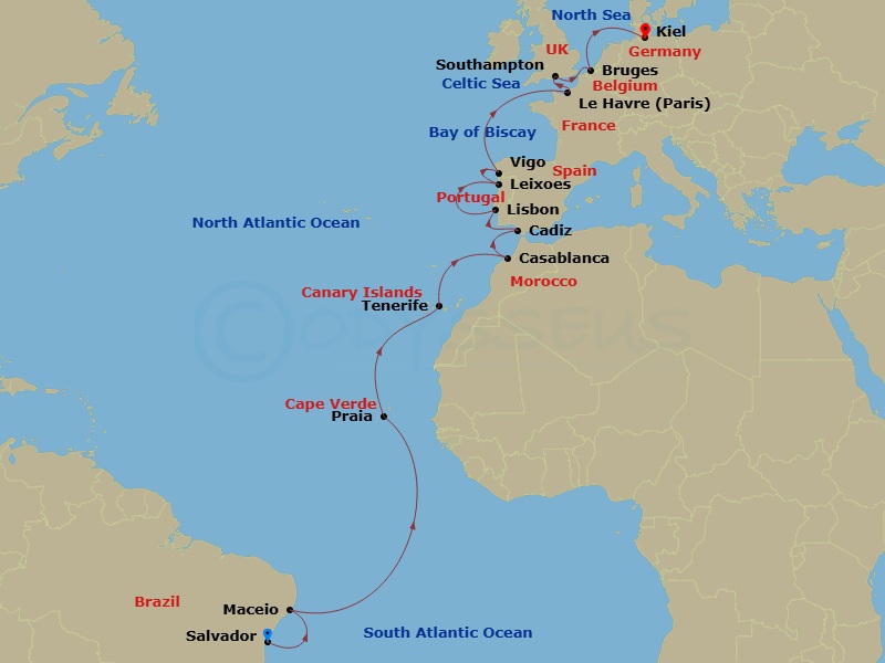 22 Night - Transatlantic from Salvador Bahia - Costa Diadema - Starting in Salvador Bahia, Maceio, Praia, Santa Cruz de Tenerife, Casablanca, Cadice, Lisbon, Leixoes, Vigo, Le Havre, Southampton, Zeebrugge, Kiel itinerary map