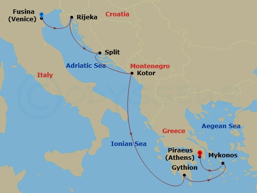 7 Night - Mediterranean Discovery - Seven Seas Voyager - Starting in Venice (Fusina), Rijeka, Split, Kotor, Cruising the Ionian Sea, Gythion, Mykonos, Athens (Piraeus) itinerary map