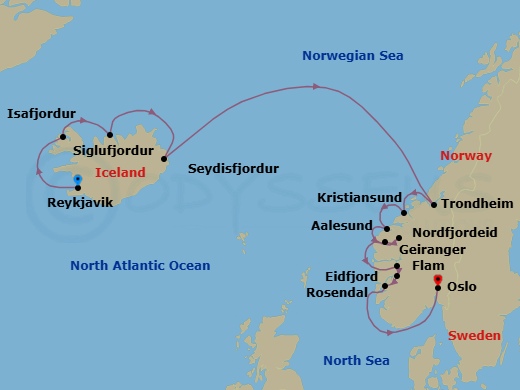 14 Night - Mighty Fjords & Nordic Grace - Seven Seas Grandeur - Starting in Reykjavik, Isafjordur, Siglufjordur, Seydisfjodur, Cruising the Norwegian Sea, Trondheim, Kristiansund, Alesund, Geiranger, Norway, Nordfjordeid, Flam, Norway, Eidfjord, Rosendal, Cruising the North Sea, Oslo itinerary map
