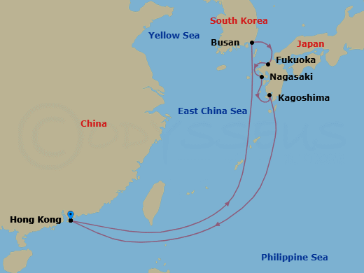 9 Night - Japan & South Korea Holiday - Spectrum of the Seas - Starting in Hong Kong, China, Busan, South Korea, Fukuoka, Japan, Nagasaki, Japan, Kagoshima, Japan, Hong Kong, China itinerary map