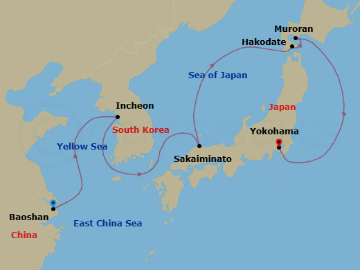 10 Night - Best of Japan & South Korea Cruise - Spectrum of the Seas - Starting in Shanghai (Baoshan), China, Seoul (Incheon), South Korea, Sakaiminato, Japan, Hakodate, Japan, Sapporo (Muroran), Japan, Tokyo (Yokohama), Japan itinerary map