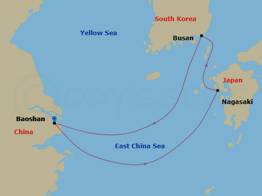 5 Night - Nagasaki & Busan Cruise - Spectrum of the Seas - Starting in Shanghai (Baoshan), China, Nagasaki, Japan, Busan, South Korea, Shanghai (Baoshan), China itinerary map
