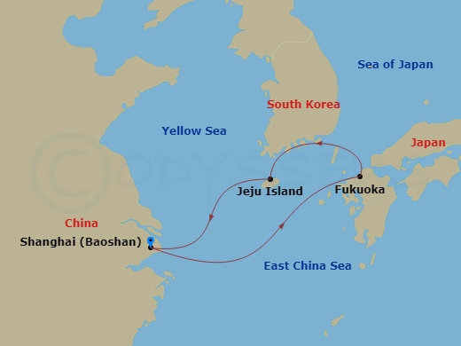 5 Night - Fukuoka & Jeju Cruise - Spectrum of the Seas - Starting in Shanghai (Baoshan), China, Fukuoka, Japan, Jeju (Seogwipo), South Korea, Shanghai (Baoshan), China itinerary map