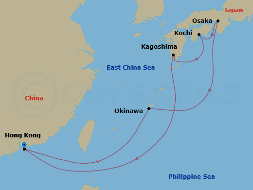 9 Night - Best of Japan Cruise - Spectrum of the Seas - Starting in Hong Kong, China, Okinawa, Japan, Osaka, Japan, Kochi, Japan, Kagoshima, Japan, Hong Kong, China itinerary map