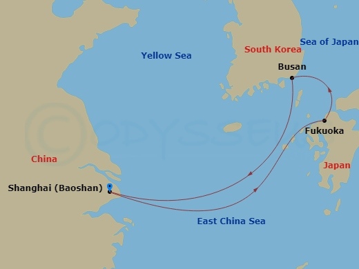 5 Night - Fukuoka & Busan Cruise - Spectrum of the Seas - Starting in Shanghai (Baoshan), China, Fukuoka, Japan, Busan, South Korea, Shanghai (Baoshan), China itinerary map