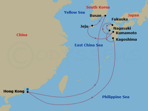 11 Night - Best of Japan & South Korea Cruise - Spectrum of the Seas - Starting in Hong Kong, China, Busan, South Korea, Jeju (Seogwipo), South Korea, Kumamoto (Yatsushiro), Japan, Fukuoka, Japan, Nagasaki, Japan, Kagoshima, Japan, Hong Kong, China itinerary map