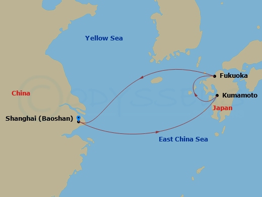 5 Night - Kumamoto & Fukuoka Cruise - Spectrum of the Seas - Starting in Shanghai (Baoshan), China, Kumamoto (Yatsushiro), Japan, Fukuoka, Japan, Shanghai (Baoshan), China itinerary map