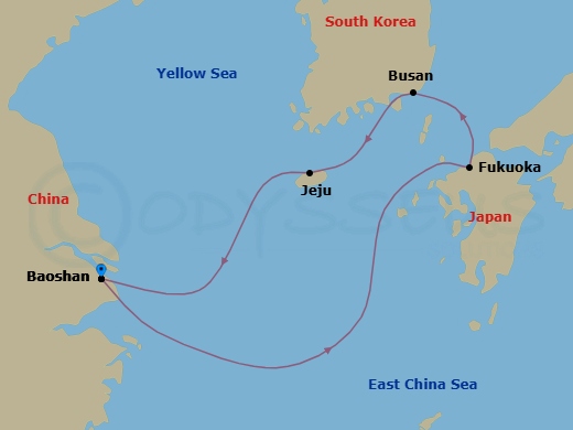 6 Night - Fukuoka, Busan & Jeju Cruise - Spectrum of the Seas - Starting in Shanghai (Baoshan), China, Fukuoka, Japan, Busan, South Korea, Jeju (Seogwipo), South Korea, Shanghai (Baoshan), China itinerary map