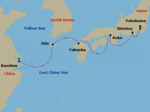 8 Night - Best of Japan & South Korea - Spectrum of the Seas - Starting in Shanghai (Baoshan), China, Jeju (Seogwipo), South Korea, Fukuoka, Japan, Kobe, Japan, Mount Fuji (Shimizu), Japan, Tokyo (Yokohama), Japan itinerary map