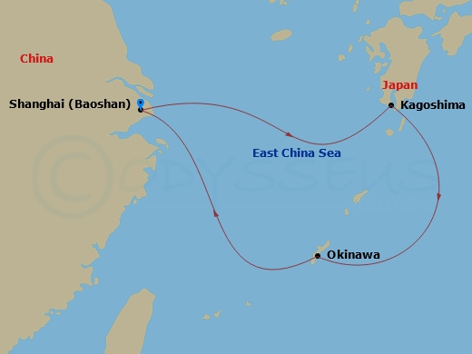 5 Night - Kagoshima & Okinawa Cruise - Spectrum of the Seas - Starting in Shanghai (Baoshan), China, Kagoshima, Japan, Okinawa, Japan, Shanghai (Baoshan), China itinerary map