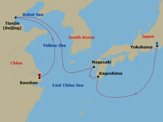 9 Night - Beijing, Nagasaki & Kagoshima - Spectrum of the Seas - Starting in Tokyo (Yokohama), Japan, Kagoshima, Japan, Nagasaki, Japan, Beijing (Tianjin), China, Shanghai (Baoshan), China itinerary map