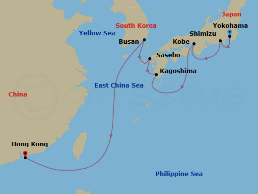 10 Night - Best of Japan & South Korea Cruise - Spectrum of the Seas - Starting in Tokyo (Yokohama), Japan, Mount Fuji (Shimizu), Japan, Kobe, Japan, Kagoshima, Japan, Sasebo (Miura), Japan, Busan, South Korea, Hong Kong, China itinerary map