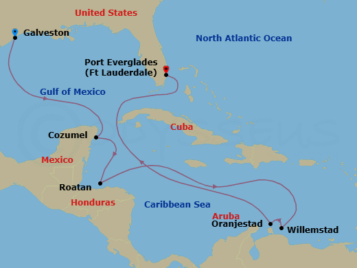 10 Night - Galveston to Ft. Lauderdale - Symphony of the Seas - Starting in Galveston, Texas, Cozumel, Mexico, Roatan, Honduras, Willemstad AN, Curacao, Oranjestad, Aruba, Fort Lauderdale, Florida itinerary map
