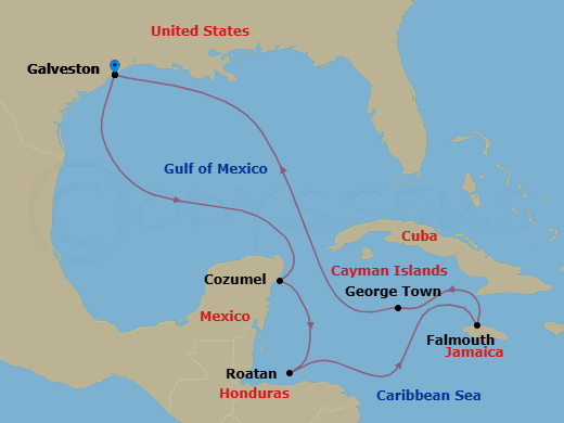 9 Night - Western Caribbean Cruise - Liberty of the Seas - Starting in Galveston, Texas, Cozumel, Mexico, Roatan, Honduras, Falmouth, Jamaica, George Town, Grand Cayman, Galveston, Texas itinerary map