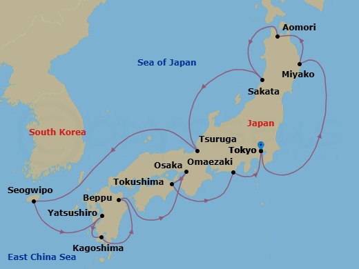 14 Night - Circle Japan with Fall Foliage - Diamond Princess - Starting in Tokyo, Japan, Miyako, Japan, Aomori, Japan, Sakata, Japan, Tsuruga, Japan, Jeju (Seogwipo), South Korea, Yatsushiro, Japan, Kagoshima, Japan, Beppu, Japan, Osaka (for Kyoto), Japan, Tokushima, Japan, Omaezaki, Japan, Tokyo, Japan itinerary map