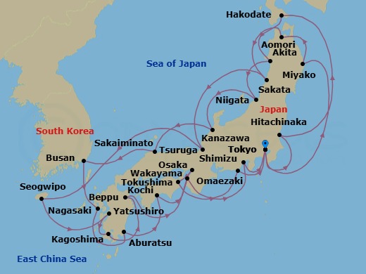 28 Night - Grand Circle Japan with Fall Foliage - Diamond Princess - Starting in Tokyo, Japan, Hitachinaka (for Nikko), Japan, Hakodate, Japan, Akita, Japan, Niigata, Japan, Kanazawa, Japan, Sakaiminato, Japan, Busan, South Korea, Nagasaki, Japan, Miyazaki (Aburatsu), Japan, Kochi, Japan, Wakayama, Japan, Shimizu (for Mount Fuji), Japan, Tokyo, Japan, Miyako, Japan, Aomori, Japan, Sakata, Japan, Tsuruga, Japan, Jeju (Seogwipo), South Korea, Yatsushiro, Japan, Kagoshima, Japan, Beppu, Japan, Osaka (for Kyoto), Japan, Tokushima, Japan, Omaezaki, Japan, Tokyo, Japan itinerary map