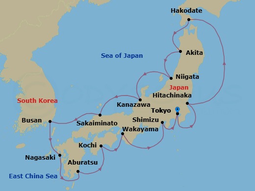 14 Night - Circle Japan with Fall Foliage - Diamond Princess - Starting in Tokyo, Japan, Hitachinaka (for Nikko), Japan, Hakodate, Japan, Akita, Japan, Niigata, Japan, Kanazawa, Japan, Sakaiminato, Japan, Busan, South Korea, Nagasaki, Japan, Miyazaki (Aburatsu), Japan, Kochi, Japan, Wakayama, Japan, Shimizu (for Mount Fuji), Japan, Tokyo, Japan itinerary map