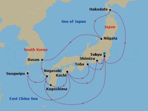 17 Night - Grand Circle Japan - Diamond Princess - Starting in Tokyo, Japan, Toba, Japan, Kochi, Japan, Jeju (Seogwipo), South Korea, Nagasaki, Japan, Tokyo, Japan, Hakodate, Japan, Niigata, Japan, Busan, South Korea, Nagasaki, Japan, Kagoshima, Japan, Kochi, Japan, Shimizu (for Mount Fuji), Japan, Tokyo, Japan itinerary map