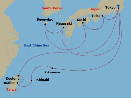 16 Night - Grand Japan with Okinawa & Taiwan - Diamond Princess - Starting in Tokyo, Japan, Taipei (Keelung), Hualien, Taiwan, Ishigaki, Japan, Okinawa, Japan, Tokyo, Japan, Toba, Japan, Kochi, Japan, Jeju (Seogwipo), South Korea, Nagasaki, Japan, Tokyo, Japan itinerary map