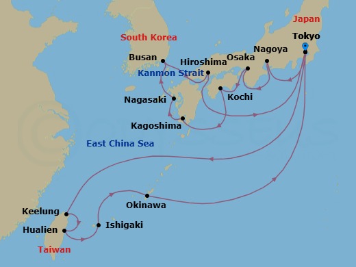 19 Night - Grand Japan with Okinawa & Taiwan - Diamond Princess - Starting in Tokyo, Japan, Nagoya, Japan, Osaka (for Kyoto), Japan, Kochi, Japan, Kagoshima, Japan, Nagasaki, Japan, Busan, South Korea, Kanmon Straits, Japan, Hiroshima, Japan, Tokyo, Japan, Taipei (Keelung), Hualien, Taiwan, Ishigaki, Japan, Okinawa, Japan, Tokyo, Japan itinerary map