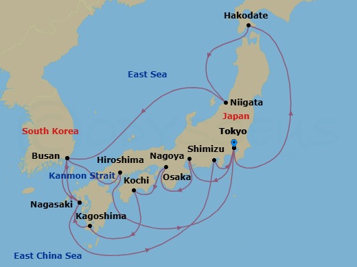 19 Night - Grand Circle Japan - Diamond Princess - Starting in Tokyo, Japan, Hakodate, Japan, Niigata, Japan, Busan, South Korea, Nagasaki, Japan, Shimizu (for Mount Fuji), Japan, Tokyo, Japan, Nagoya, Japan, Osaka (for Kyoto), Japan, Kochi, Japan, Kagoshima, Japan, Nagasaki, Japan, Busan, South Korea, Kanmon Straits, Japan, Hiroshima, Japan, Tokyo, Japan itinerary map