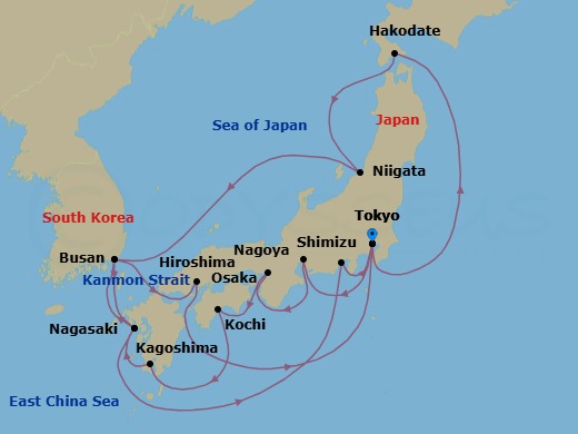 19 Night - Grand Circle Japan - Diamond Princess - Starting in Tokyo, Japan, Nagoya, Japan, Osaka (for Kyoto), Japan, Kochi, Japan, Kagoshima, Japan, Nagasaki, Japan, Busan, South Korea, Kanmon Straits, Japan, Hiroshima, Japan, Tokyo, Japan, Hakodate, Japan, Niigata, Japan, Busan, South Korea, Nagasaki, Japan, Shimizu (for Mount Fuji), Japan, Tokyo, Japan itinerary map