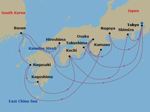 20 Night - Grand Japan with Summer Festivals & Kumano Fireworks - Diamond Princess - Starting in Tokyo, Japan, Tokushima, Japan, Osaka (for Kyoto), Japan, Kumano, Japan, Nagasaki, Japan, Busan, South Korea, Kochi, Japan, Shimizu (for Mount Fuji), Japan, Tokyo, Japan, Nagoya, Japan, Osaka (for Kyoto), Japan, Kochi, Japan, Kagoshima, Japan, Nagasaki, Japan, Busan, South Korea, Kanmon Straits, Japan, Hiroshima, Japan, Tokyo, Japan itinerary map