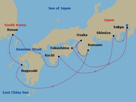 10 Night - Japan Explorer with Summer Festivals & Kumano Fireworks - Diamond Princess - Starting in Tokyo, Japan, Tokushima, Japan, Osaka (for Kyoto), Japan, Kumano, Japan, Nagasaki, Japan, Busan, South Korea, Kochi, Japan, Shimizu (for Mount Fuji), Japan, Tokyo, Japan itinerary map