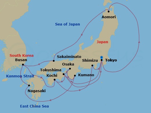 20 Night - Grand Circle Japan with Summer Festivals & Kumano Fireworks - Diamond Princess - Starting in Tokyo, Japan, Aomori, Japan, Sakaiminato, Japan, Busan, South Korea, Kochi, Japan, Tokushima, Japan, Tokyo, Japan, Tokushima, Japan, Osaka (for Kyoto), Japan, Kumano, Japan, Nagasaki, Japan, Busan, South Korea, Kochi, Japan, Shimizu (for Mount Fuji), Japan, Tokyo, Japan itinerary map