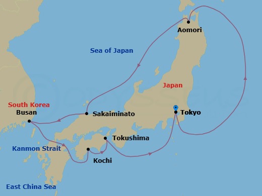 10 Night - Circle Japan with Summer Festivals - Diamond Princess - Starting in Tokyo, Japan, Aomori, Japan, Sakaiminato, Japan, Busan, South Korea, Kochi, Japan, Tokushima, Japan, Tokyo, Japan itinerary map
