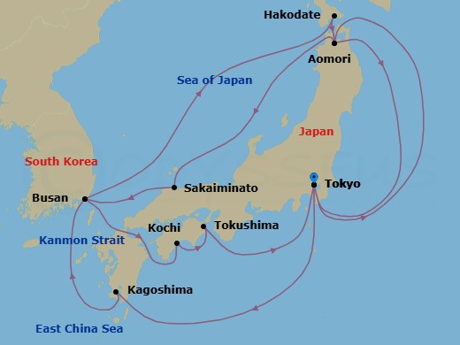 18 Night - Grand Circle Japan with Summer Festivals - Diamond Princess - Starting in Tokyo, Japan, Kagoshima, Japan, Busan, South Korea, Hakodate, Japan, Aomori, Japan, Tokyo, Japan, Aomori, Japan, Sakaiminato, Japan, Busan, South Korea, Kochi, Japan, Tokushima, Japan, Tokyo, Japan itinerary map