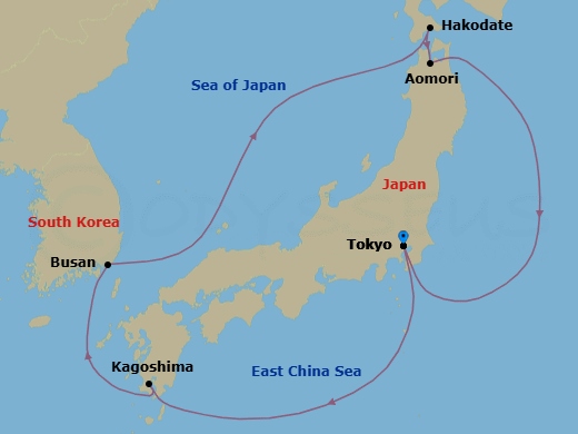 8 Night - Circle Japan with Summer Festivals - Diamond Princess - Starting in Tokyo, Japan, Kagoshima, Japan, Busan, South Korea, Hakodate, Japan, Aomori, Japan, Tokyo, Japan itinerary map
