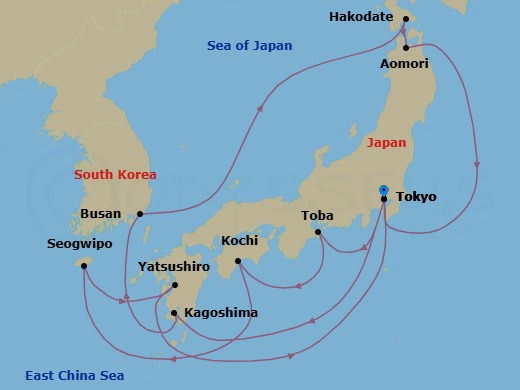 15 Night - Grand Circle Japan with Summer Festivals - Diamond Princess - Starting in Tokyo, Japan, Toba, Japan, Kochi, Japan, Kanmon Straits, Japan, Jeju (Seogwipo), South Korea, Yatsushiro, Japan, Tokyo, Japan, Kagoshima, Japan, Busan, South Korea, Hakodate, Japan, Aomori, Japan, Tokyo, Japan itinerary map