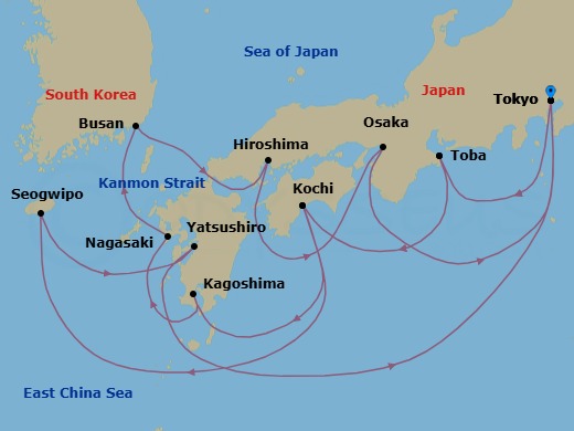 18 Night - Grand Japan - Diamond Princess - Starting in Tokyo, Japan, Toba, Japan, Kochi, Japan, Kagoshima, Japan, Nagasaki, Japan, Busan, South Korea, Kanmon Straits, Japan, Hiroshima, Japan, Osaka (for Kyoto), Japan, Tokyo, Japan, Toba, Japan, Kochi, Japan, Kanmon Straits, Japan, Jeju (Seogwipo), South Korea, Yatsushiro, Japan, Tokyo, Japan itinerary map