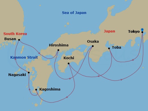 11 Night - Japan Explorer - Diamond Princess - Starting in Tokyo, Japan, Toba, Japan, Kochi, Japan, Kagoshima, Japan, Nagasaki, Japan, Busan, South Korea, Kanmon Straits, Japan, Hiroshima, Japan, Osaka (for Kyoto), Japan, Tokyo, Japan itinerary map