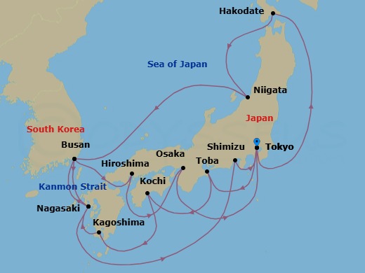 20 Night - Grand Circle Japan - Diamond Princess - Starting in Tokyo, Japan, Hakodate, Japan, Niigata, Japan, Busan, South Korea, Nagasaki, Japan, Shimizu (for Mount Fuji), Japan, Tokyo, Japan, Toba, Japan, Kochi, Japan, Kagoshima, Japan, Nagasaki, Japan, Busan, South Korea, Kanmon Straits, Japan, Hiroshima, Japan, Osaka (for Kyoto), Japan, Tokyo, Japan itinerary map