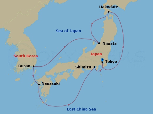 9 Night - Circle Japan - Diamond Princess - Starting in Tokyo, Japan, Hakodate, Japan, Niigata, Japan, Busan, South Korea, Nagasaki, Japan, Shimizu (for Mount Fuji), Japan, Tokyo, Japan itinerary map