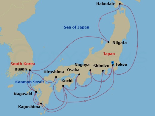 20 Night - Grand Circle Japan - Diamond Princess - Starting in Tokyo, Japan, Hakodate, Japan, Niigata, Japan, Busan, South Korea, Nagasaki, Japan, Kagoshima, Japan, Kochi, Japan, Shimizu (for Mount Fuji), Japan, Tokyo, Japan, Nagoya, Japan, Osaka (for Kyoto), Japan, Kochi, Japan, Kagoshima, Japan, Nagasaki, Japan, Busan, South Korea, Kanmon Straits, Japan, Hiroshima, Japan, Tokyo, Japan itinerary map