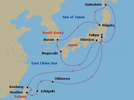 18 Night - Grand Circle Japan with Okinawa & Taiwan - Diamond Princess - Starting in Tokyo, Japan, Taipei (Keelung), Hualien, Taiwan, Ishigaki, Japan, Okinawa, Japan, Tokyo, Japan, Hakodate, Japan, Niigata, Japan, Busan, South Korea, Nagasaki, Japan, Shimizu (for Mount Fuji), Japan, Tokyo, Japan itinerary map