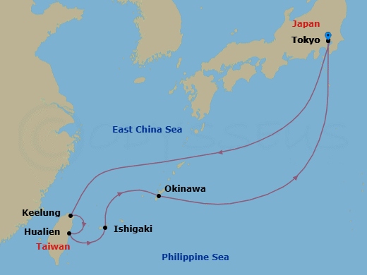 9 Night - Okinawa & Taiwan - Diamond Princess - Starting in Tokyo, Japan, Taipei (Keelung), Hualien, Taiwan, Ishigaki, Japan, Okinawa, Japan, Tokyo, Japan itinerary map