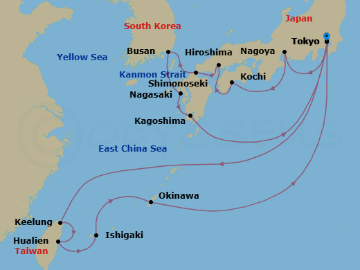 18 Night - Grand Japan with Okinawa & Taiwan - Diamond Princess - Starting in Tokyo, Japan, Nagoya, Japan, Kochi, Japan, Hiroshima, Japan, Kanmon Straits, Japan, Shimonoseki, Japan, Busan, South Korea, Nagasaki, Japan, Kagoshima, Japan, Tokyo, Japan, Taipei (Keelung), Hualien, Taiwan, Ishigaki, Japan, Okinawa, Japan, Tokyo, Japan itinerary map
