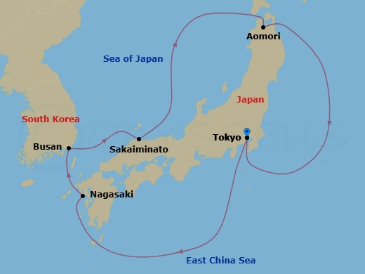 8 Night - Circle Japan - Diamond Princess - Starting in Tokyo, Japan, Nagasaki, Japan, Busan, South Korea, Sakaiminato, Japan, Aomori, Japan, Tokyo, Japan itinerary map