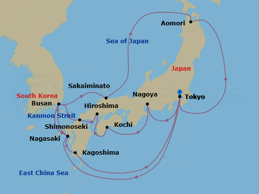 17 Night - Grand Circle Japan - Diamond Princess - Starting in Tokyo, Japan, Nagasaki, Japan, Busan, South Korea, Sakaiminato, Japan, Aomori, Japan, Tokyo, Japan, Nagoya, Japan, Kochi, Japan, Hiroshima, Japan, Kanmon Straits, Japan, Shimonoseki, Japan, Busan, South Korea, Nagasaki, Japan, Kagoshima, Japan, Tokyo, Japan itinerary map