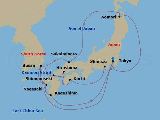17 Night - Grand Circle Japan - Diamond Princess - Starting in Tokyo, Japan, Shimizu (for Mount Fuji), Japan, Kochi, Japan, Hiroshima, Japan, Kanmon Straits, Japan, Shimonoseki, Japan, Busan, South Korea, Nagasaki, Japan, Kagoshima, Japan, Tokyo, Japan, Nagasaki, Japan, Busan, South Korea, Sakaiminato, Japan, Aomori, Japan, Tokyo, Japan itinerary map