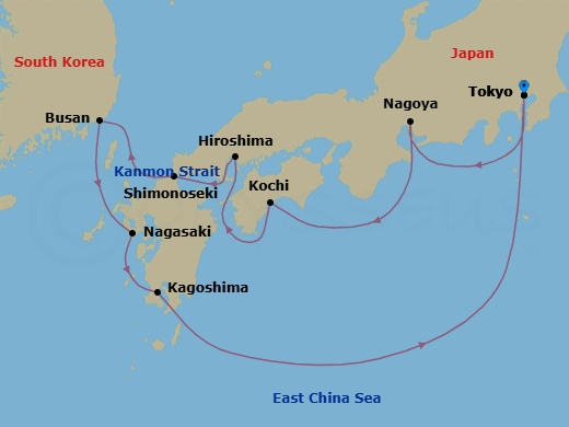 9 Night - Japan Explorer - Diamond Princess - Starting in Tokyo, Japan, Nagoya, Japan, Kochi, Japan, Hiroshima, Japan, Kanmon Straits, Japan, Shimonoseki, Japan, Busan, South Korea, Nagasaki, Japan, Kagoshima, Japan, Tokyo, Japan itinerary map