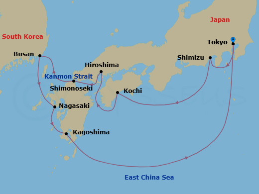 9 Night - Japan Explorer - Diamond Princess - Starting in Tokyo, Japan, Shimizu (for Mount Fuji), Japan, Kochi, Japan, Hiroshima, Japan, Kanmon Straits, Japan, Shimonoseki, Japan, Busan, South Korea, Nagasaki, Japan, Kagoshima, Japan, Tokyo, Japan itinerary map