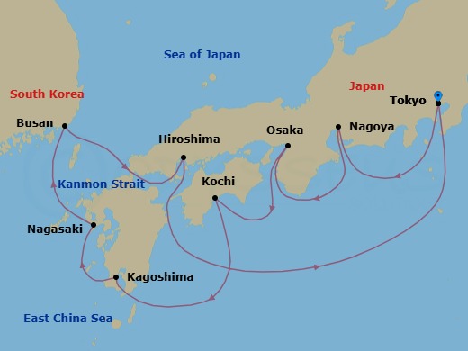 10 Night - Japan Explorer - Diamond Princess - Starting in Tokyo, Japan, Nagoya, Japan, Osaka (for Kyoto), Japan, Kochi, Japan, Kagoshima, Japan, Nagasaki, Japan, Busan, South Korea, Kanmon Straits, Japan, Hiroshima, Japan, Tokyo, Japan itinerary map